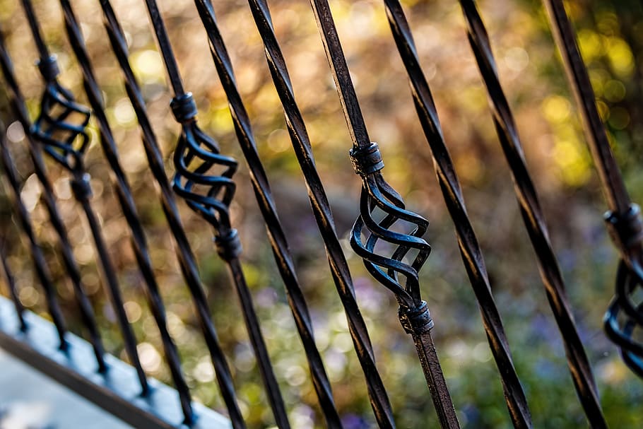 selective focus photography of black metal railings, fence, wrought iron