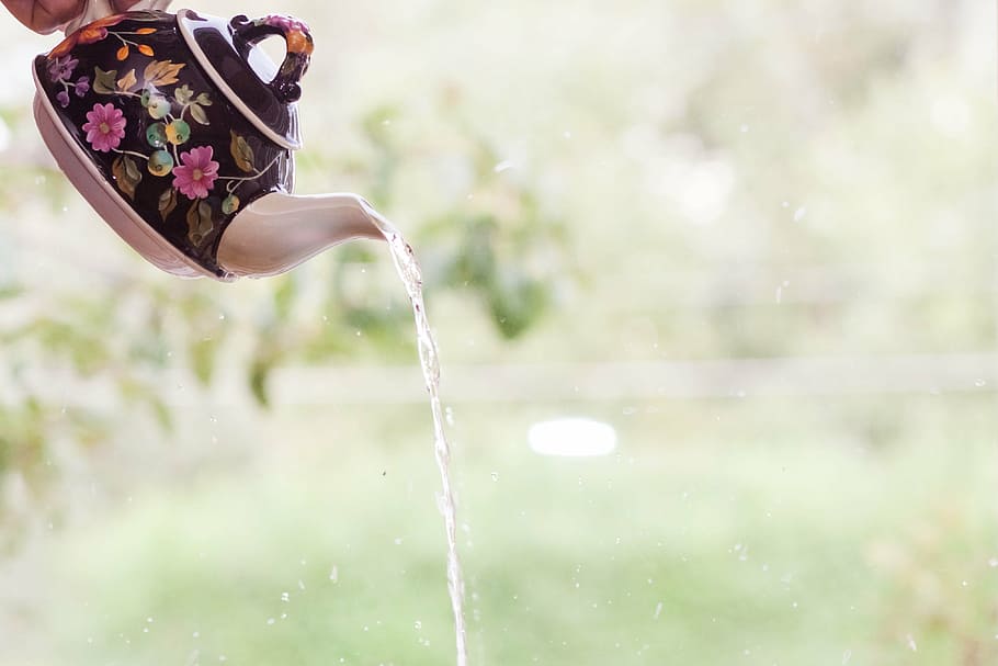 black, white, and pink floral teapot pouring water, spout, drink HD wallpaper