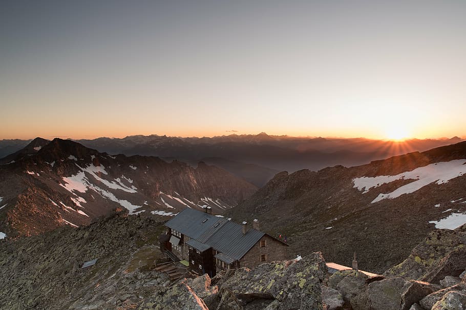 sunset, mountain, house, top, wilderness, landscape, hike, climb HD wallpaper