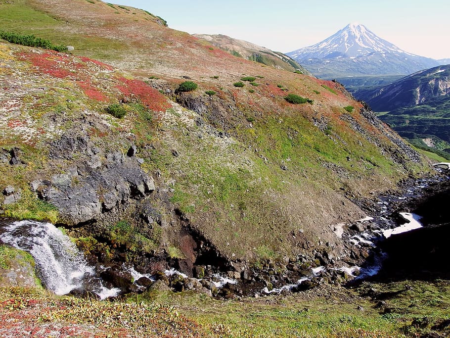mountains, volcano, waterfall, creek, tundra, autumn, road HD wallpaper