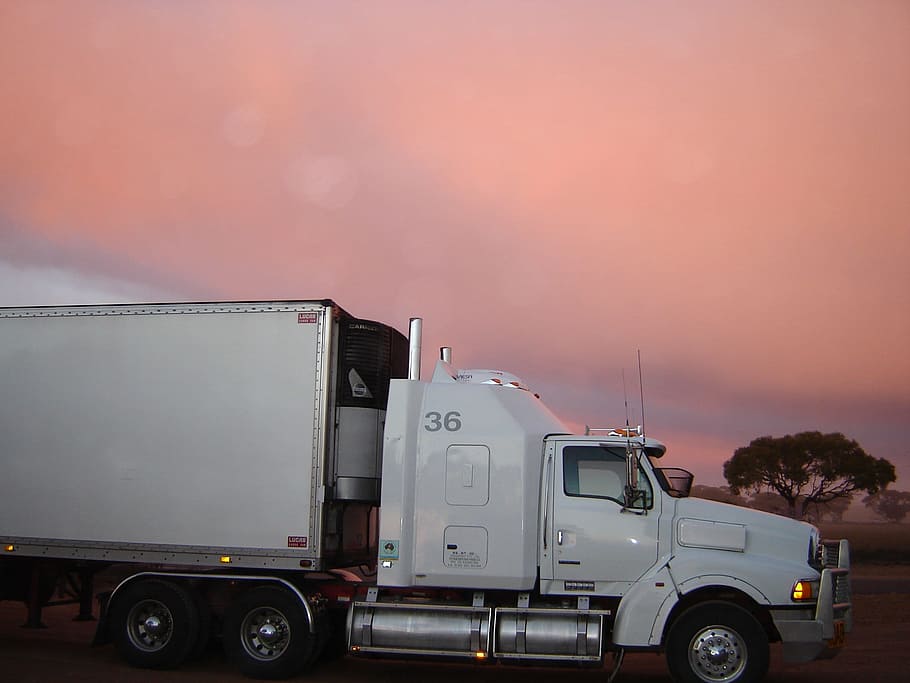 white freight truck, Lorry, Sunset, Road, Cargo, delivery, trailer