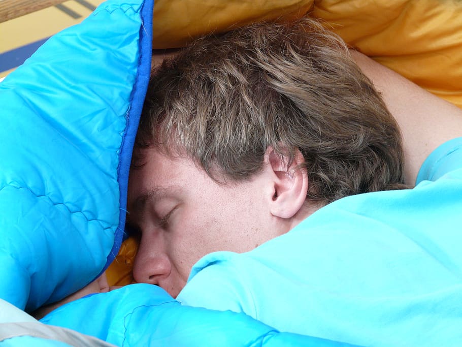 teal and yellow textile, sleep, bed, tired, rest, sleeping bag HD wallpaper