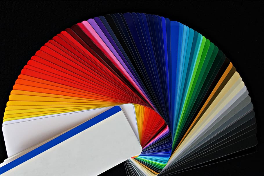 color shade card collection, color fan, color picker, fanned out