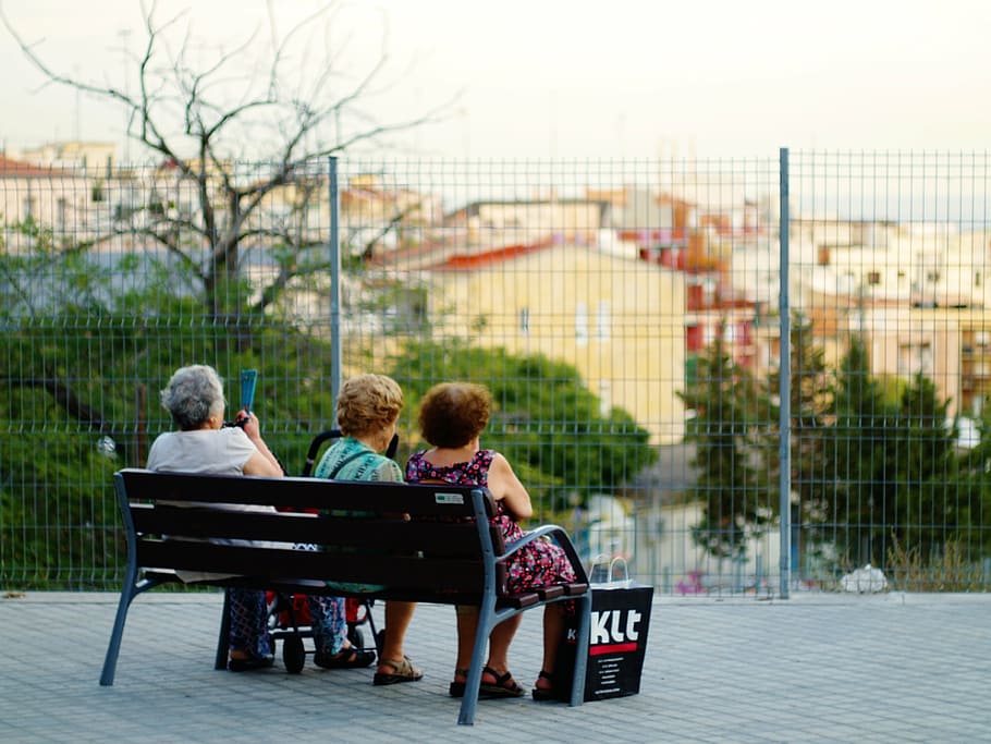 three women sitting on bench looking at trees, old, people, person