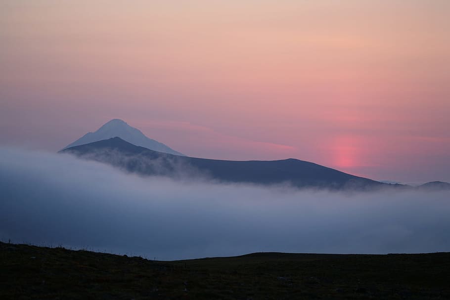 volcano, sunset, evening, mountains, kamchatka, peninsula, landscape HD wallpaper