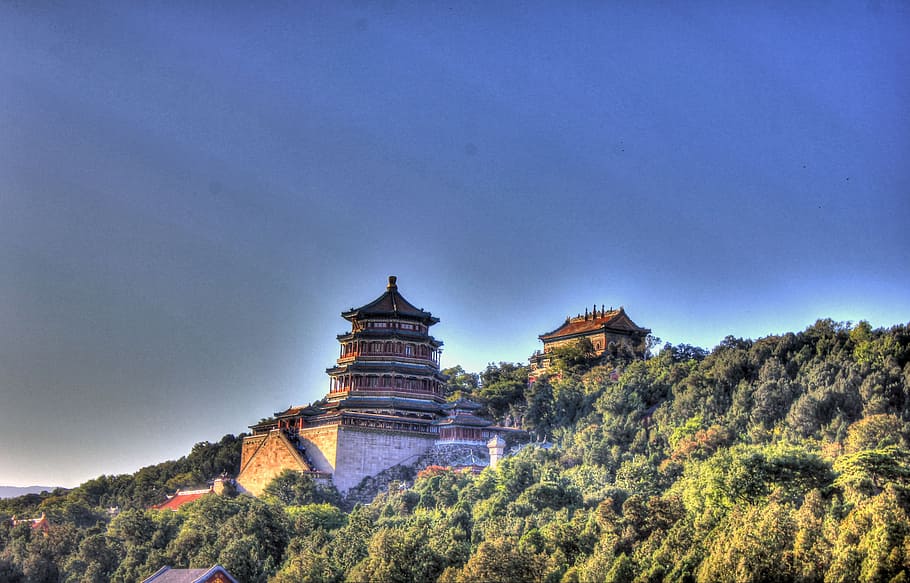 temple, trees, hill, mountain, tower, pagoda, holy, summer palace HD wallpaper