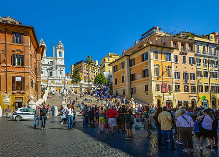 crowded plaza, rome, spanish, steps, monument, city, travel HD wallpaper