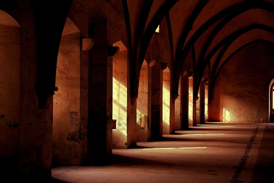 brown concrete room, monastery, hallway, ancient, building, medieval, HD wallpaper