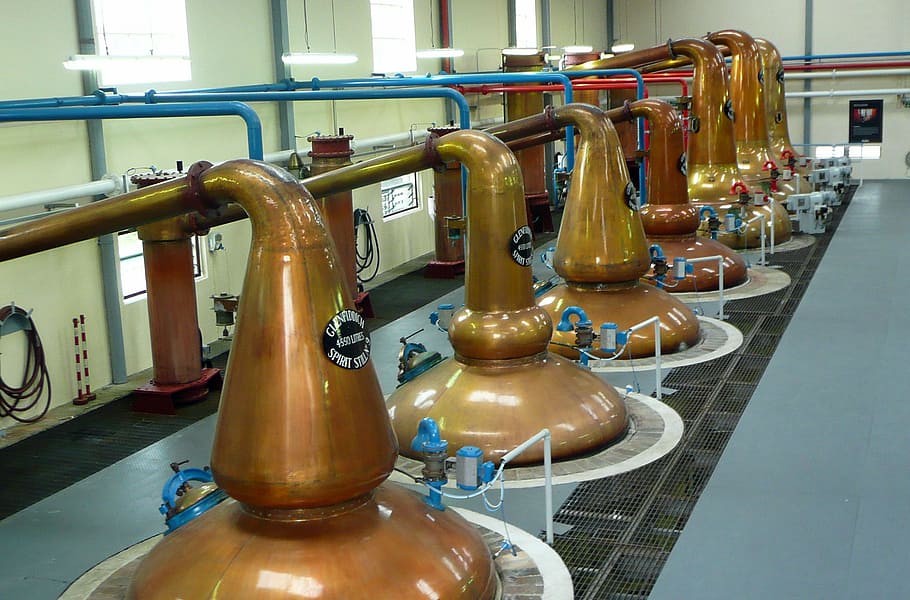 gold metal storage tanks, distillery, scotland, whisky, glenfiddich, HD wallpaper