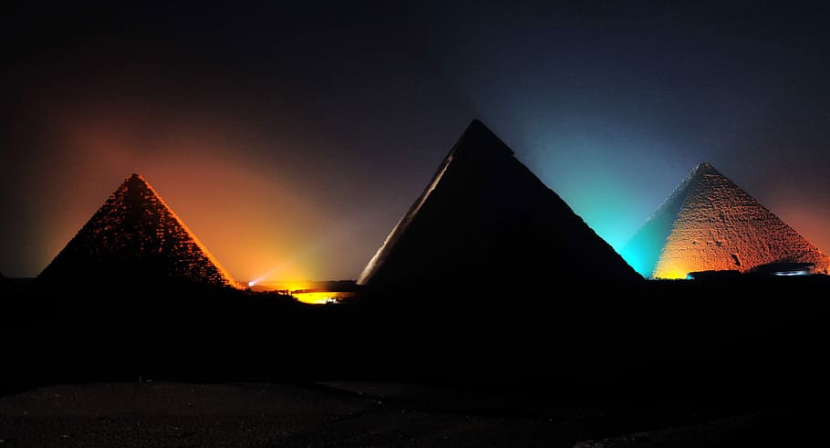 Pyramids at night in Giza, Egypt, photos, lights, public domain