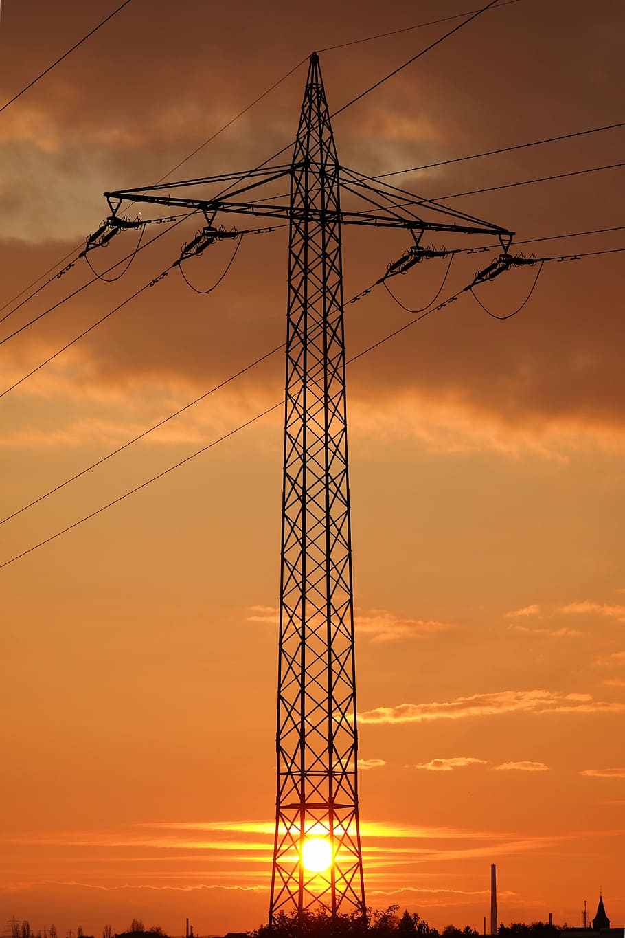 sunset, current, strommast, high voltage, steel, pylon, electricity HD wallpaper
