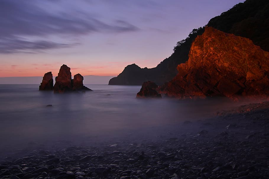beach, dawn, dusk, landscape, ocean, outdoors, pebbles, rocks HD wallpaper