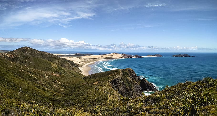 Top View of Mountain and Sea, beach, clouds, coast, daylight HD wallpaper
