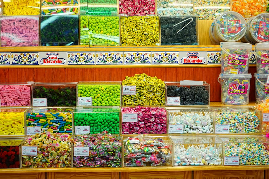 confectionery, sale, candy, range, sweets assortment, shelf HD wallpaper