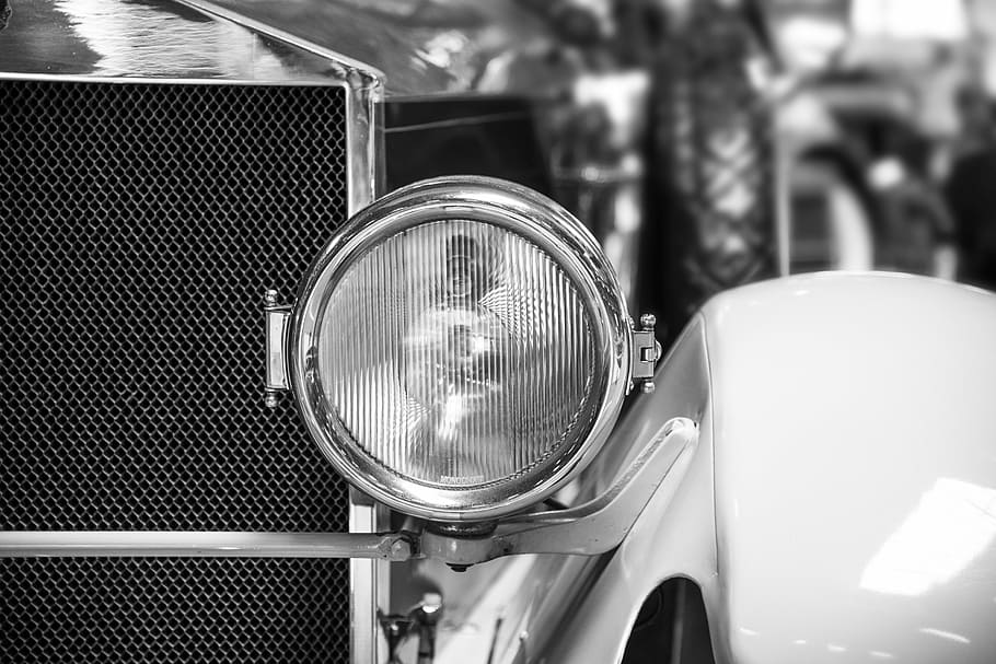 car headlight, spotlight, auto, oldtimer, black and white, vehicle HD wallpaper