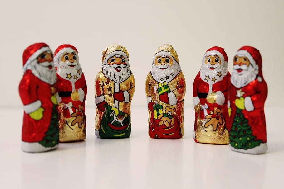 santa clauses, chocolate, nicholas, christmas, decoration, chocolate santa claus, HD wallpaper