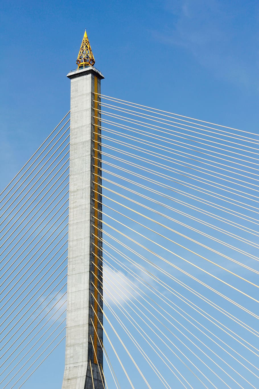 Bridge, Piers, Clouds, Ropes, bridge piers, sky, blue, voltage HD wallpaper