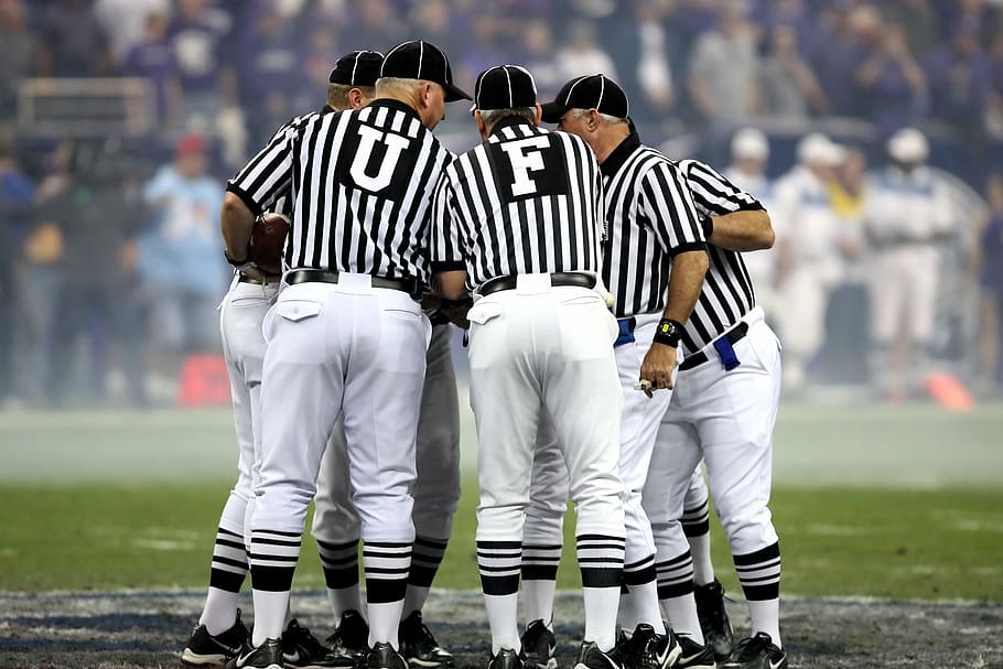 referees forming a circle, american football, american football officials, HD wallpaper