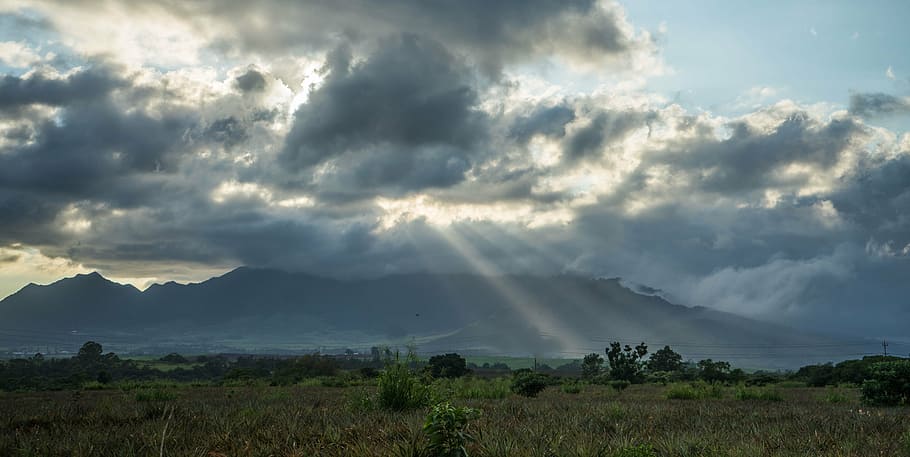 sun rays, clouds, sky, hawaii, mountains, blue, sunlight, nature HD wallpaper
