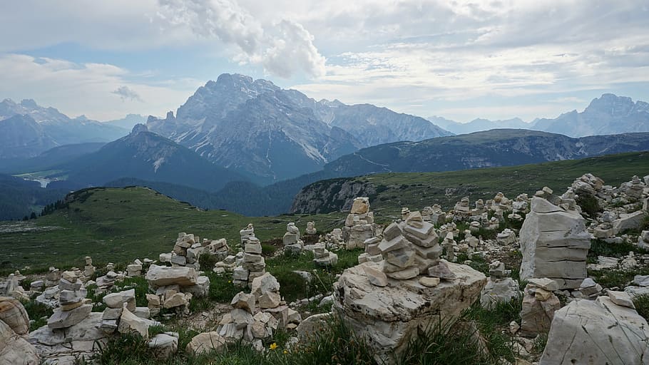 stoamandl, mountains, three zinnen, hiking, dolomites, italy, HD wallpaper