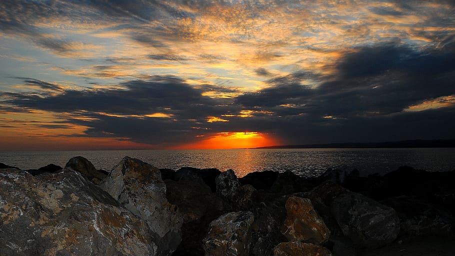 sea, calm, sunset, sky, water, rock, cloud - sky, rock - object HD wallpaper