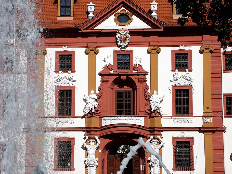 erfurt, state chancellery, fountain, building exterior, built structure, HD wallpaper