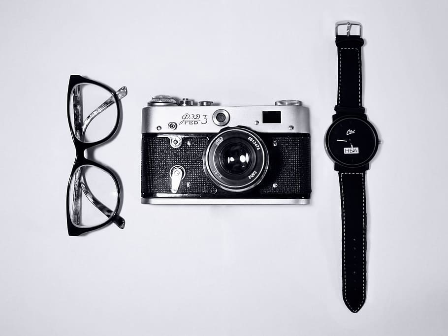eyeglasses, camera, watch, objects, technology, studio shot HD wallpaper