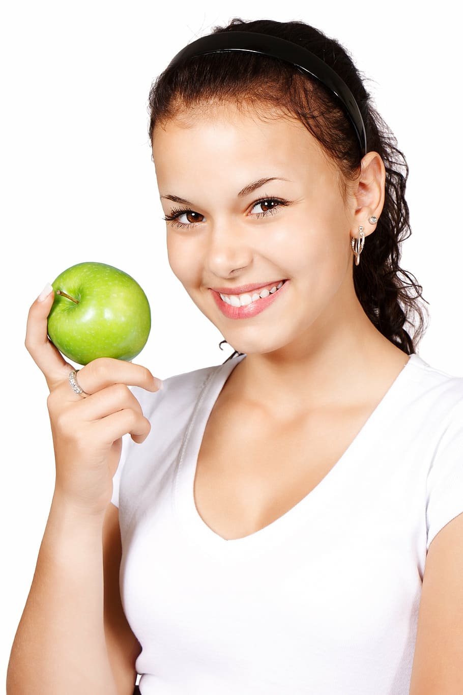 woman in white shirt holding green apple, diet, healthy, eating
