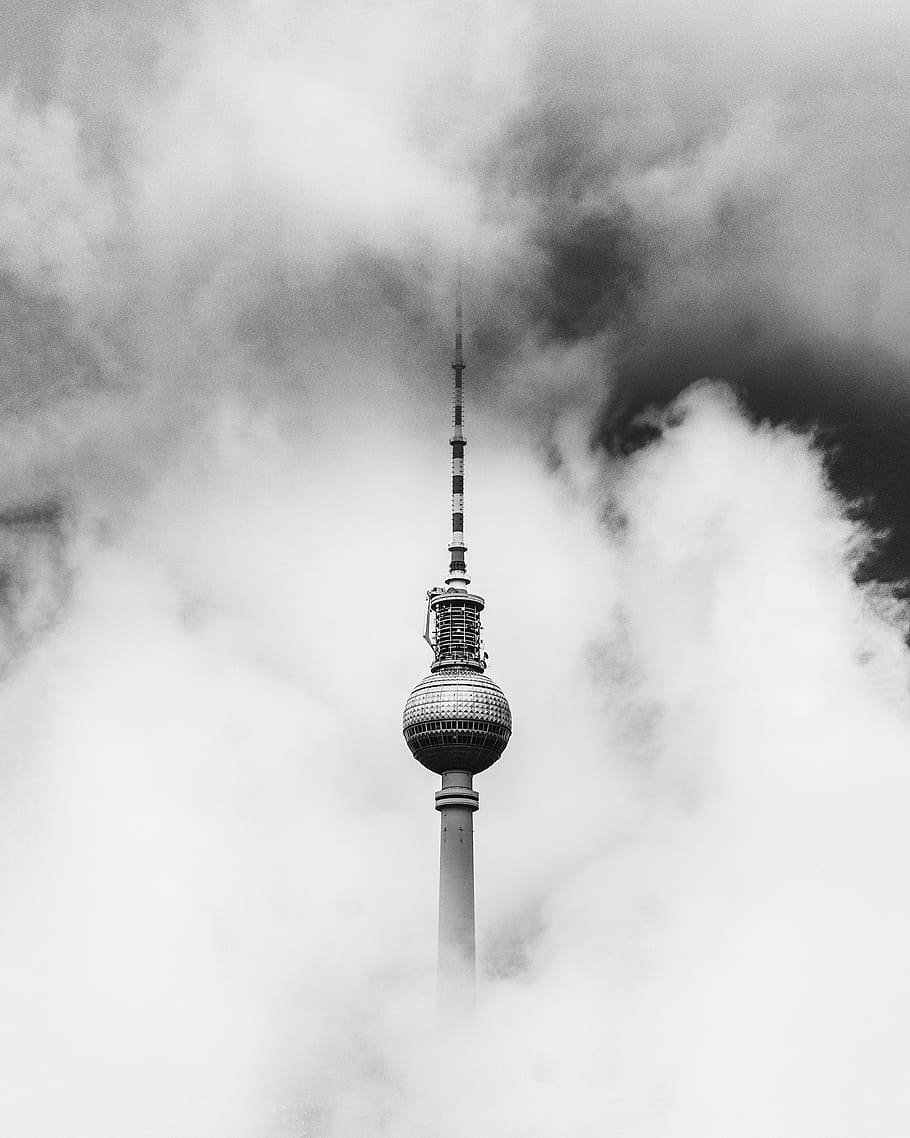 greyscale photo of tower covered in smoke, tower covered with smoke HD wallpaper