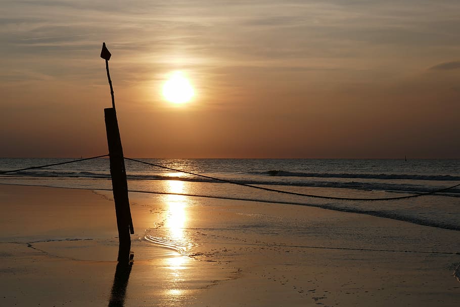 silhouette photography of black stand on seashore, sunset, dawn HD wallpaper