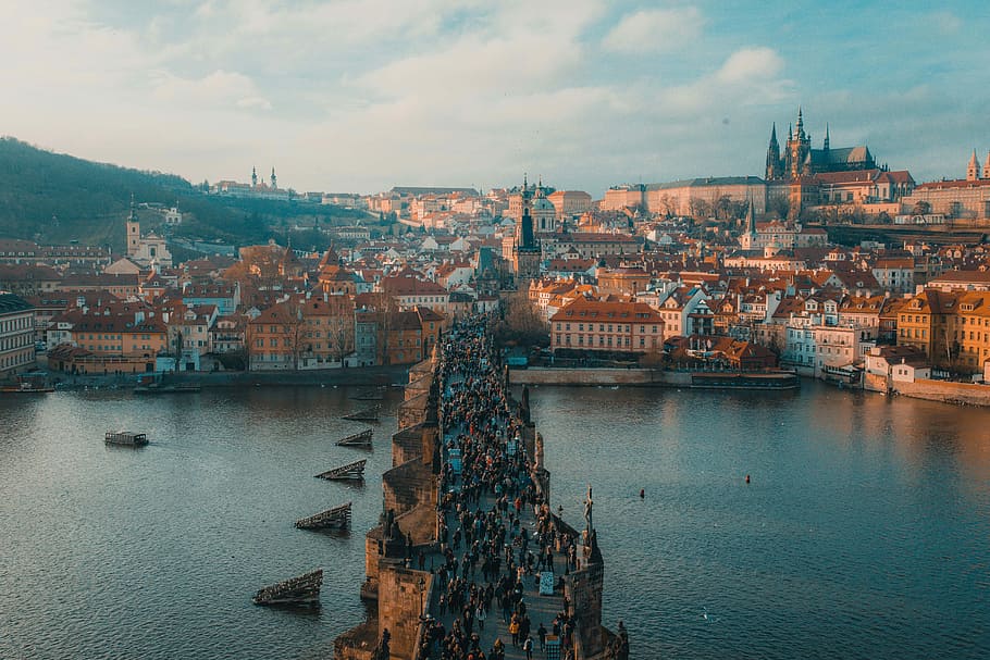 people walking on bridge, aerial shot of village, prague, city HD wallpaper