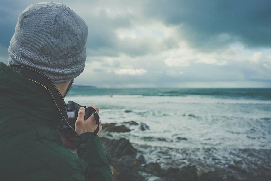 beach, foam, man, ocean, photographer, sea, seascape, seaside HD wallpaper