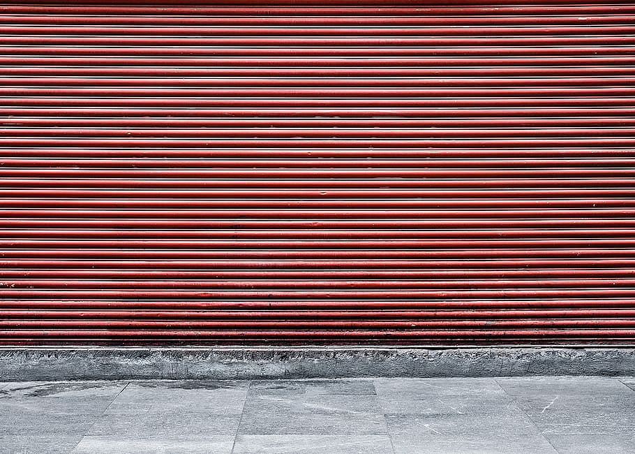 red steel shutter door, store, closed, day, street, shop, pedestrian