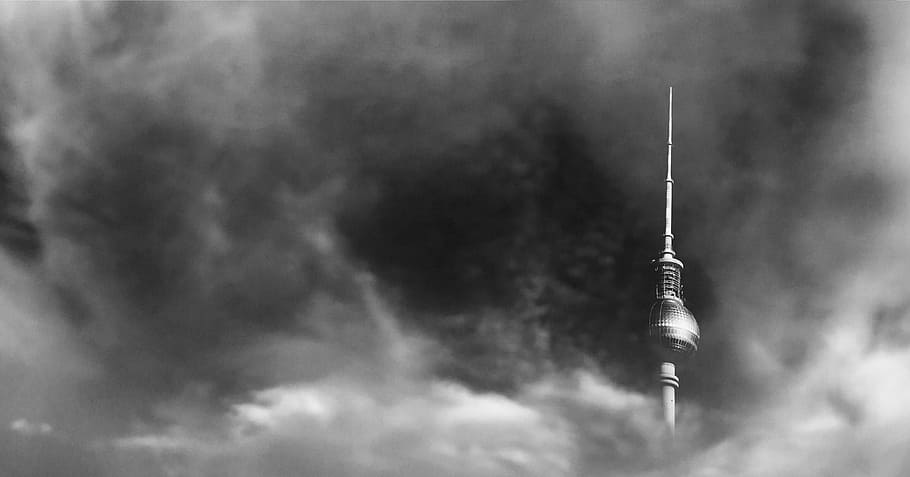 gray metal tower, clouds sky, black and white, architecture HD wallpaper