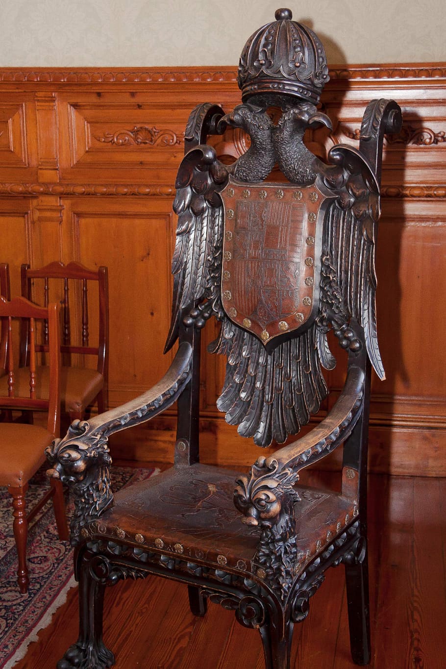 throne, wood, carved, turned, rest, leather, coat of arms, rivet HD wallpaper