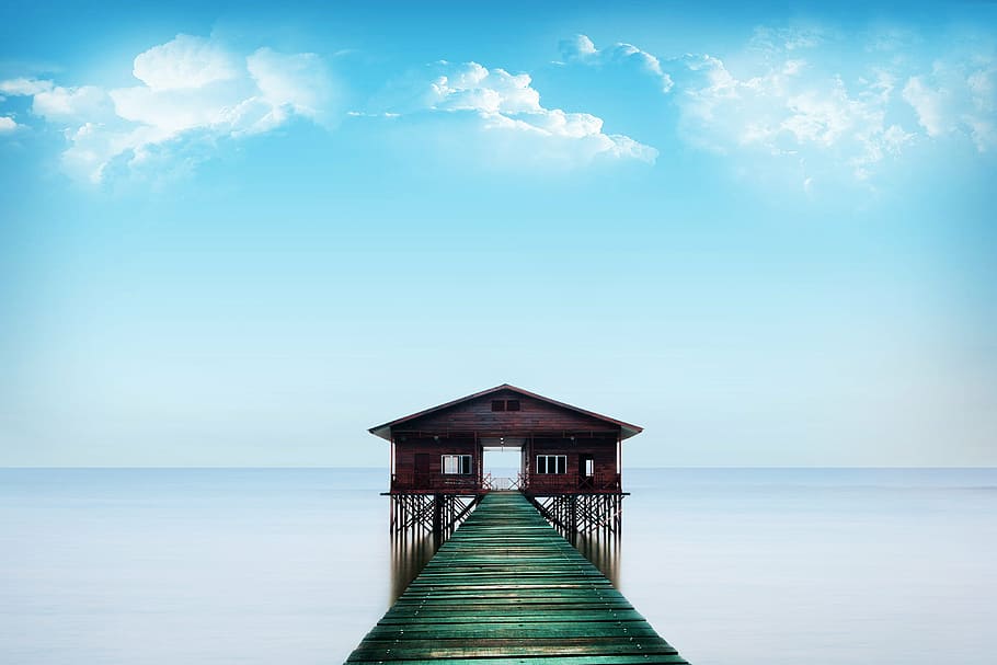 brown dock leading to house near body of water, blue, ocean HD wallpaper
