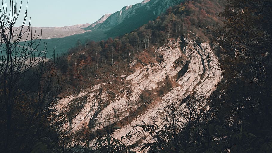 top view of mountain, rock, snow, track, tree, scenics - nature HD wallpaper