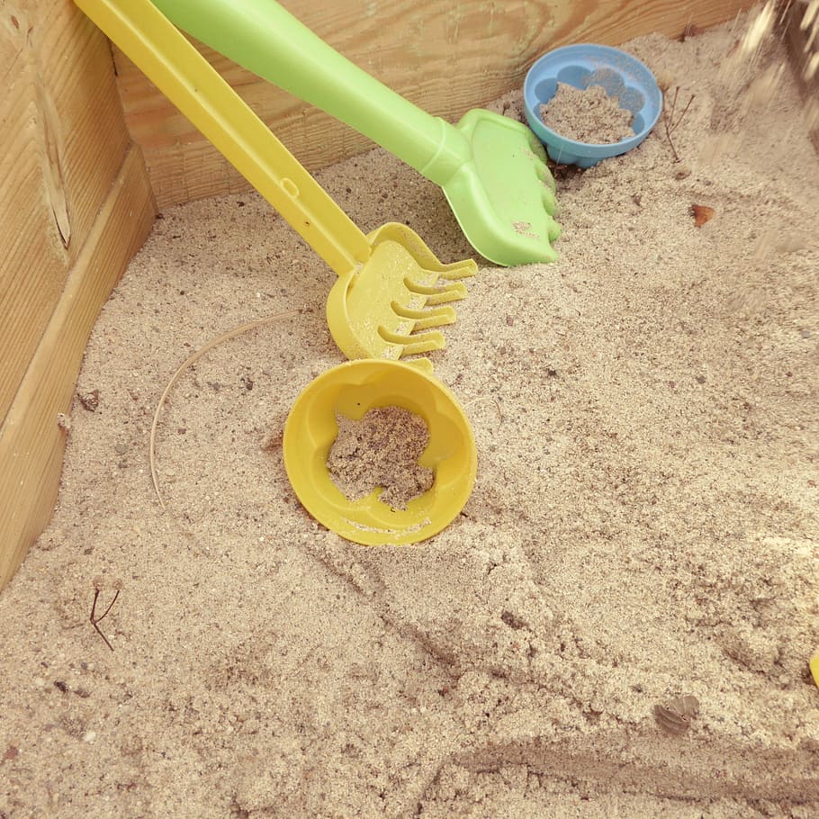 sand pit, play, computing, moulds, toys, high angle view, yellow HD wallpaper