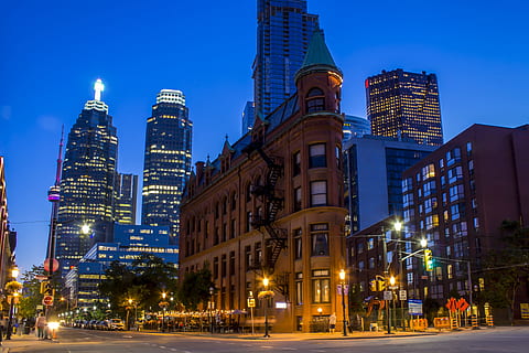 landscape photo of city, toronto, canada, flat, iron, night HD wallpaper