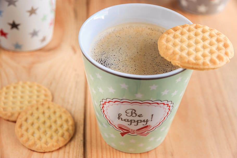 biscuit on green cup filled with coffee, coffee cup, cafe, porcelain, HD wallpaper