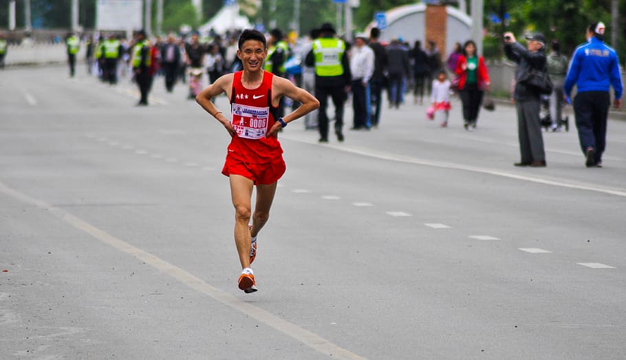 man running on asphalt road, runner, marathon, tired, street