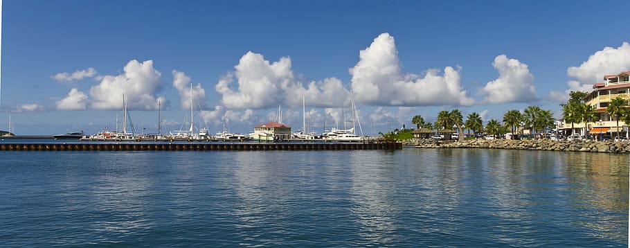 sint marten, dock, bay, clouds, sun, water, sky, coast, blue HD wallpaper