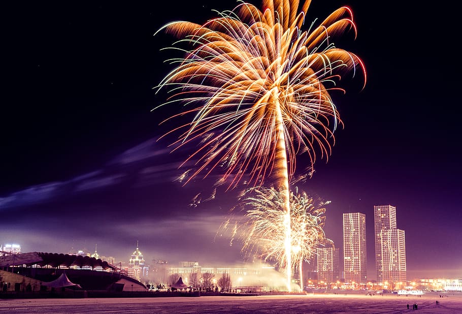 fireworks, bright, dark, evening, light, sky, color, nature HD wallpaper