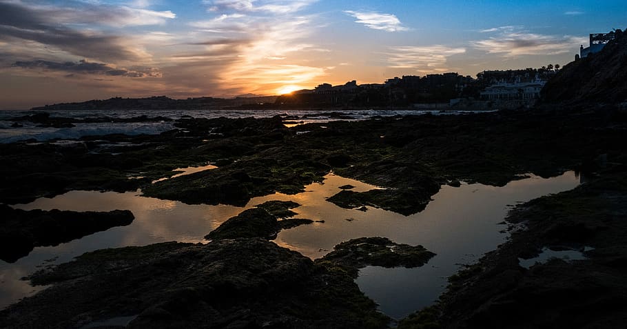 Sunset, Beach, Blue, Sky, Orange, costa, waves, clouds, mijas HD wallpaper
