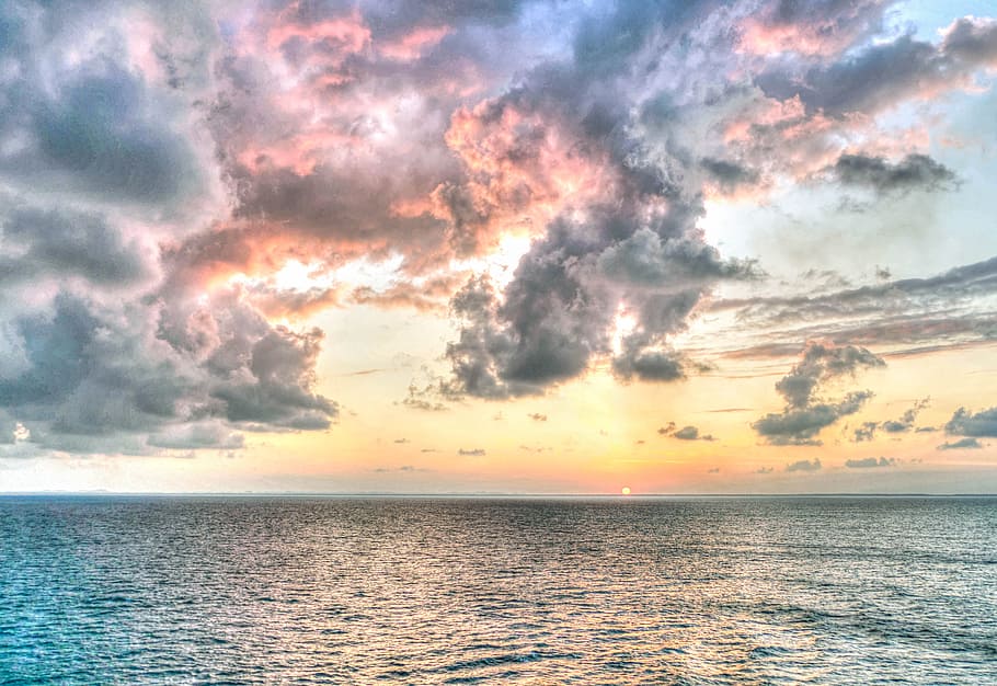 cumulonimbus cloud above the sea, sunset, sky, clouds, ocean HD wallpaper