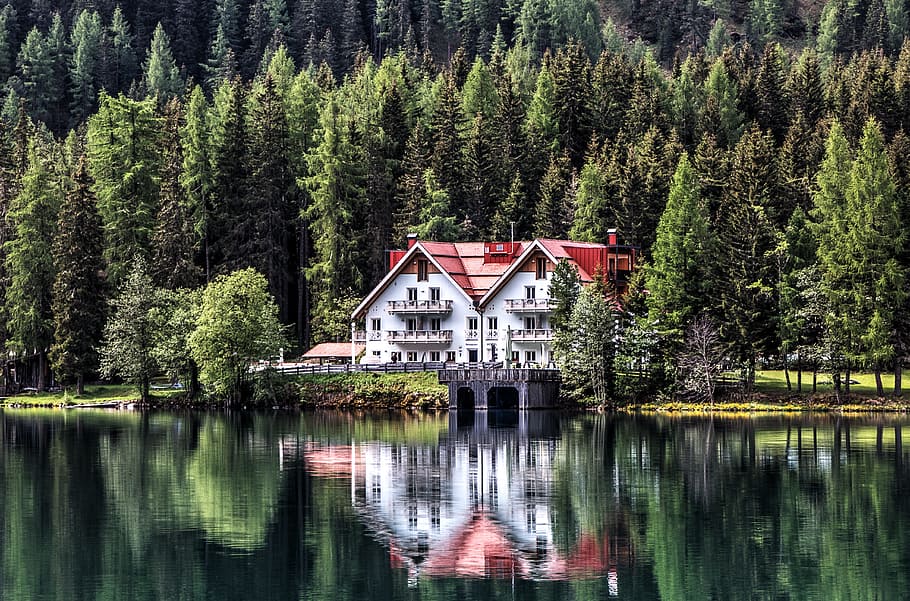 Lake, Chalet, Mirroring, Forest, Bergsee, summer, water, trees HD wallpaper