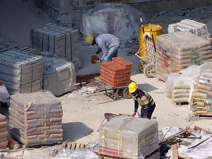two men on worksite, construction, building construction, helmet HD wallpaper