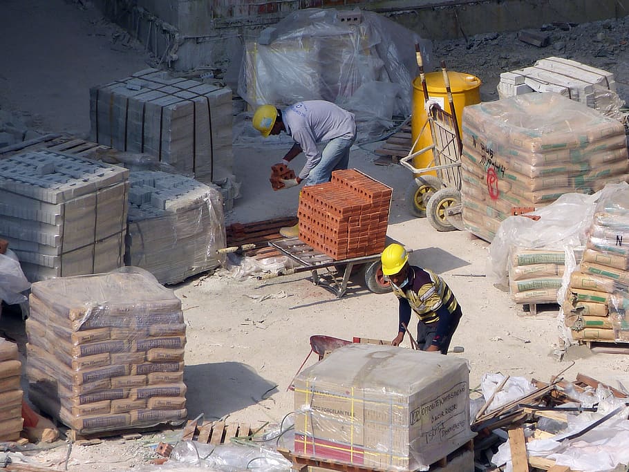 two men on worksite, construction, building construction, helmet HD wallpaper
