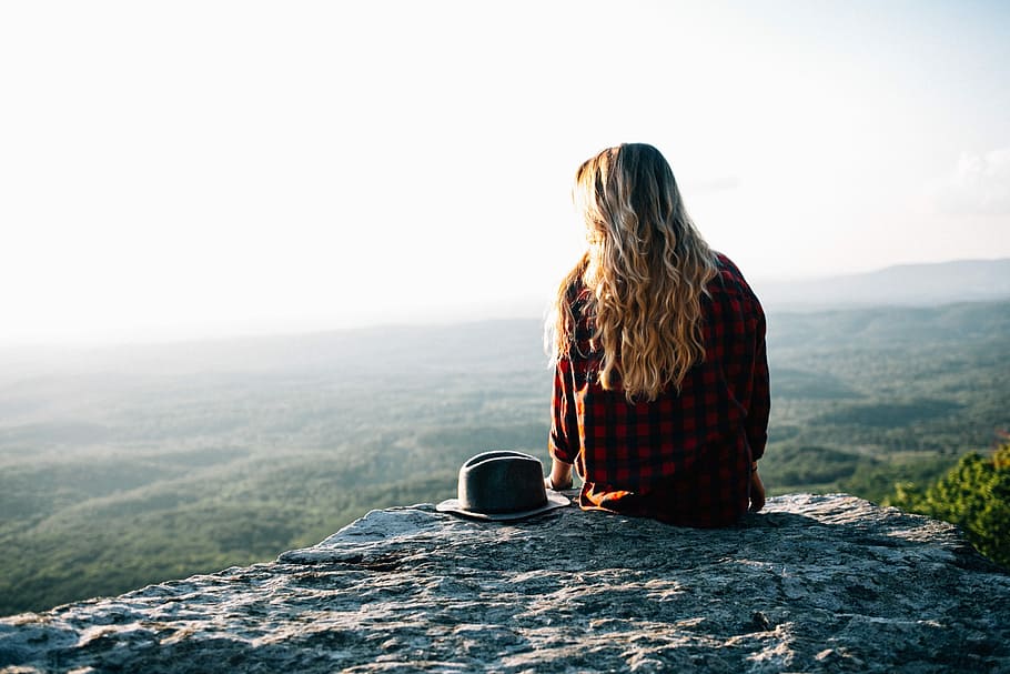 photo of woman sitting on the cliff, women, outdoors, one Person