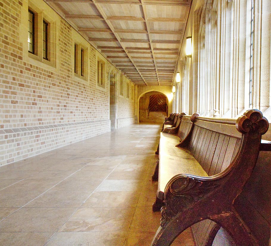 bench, hall, floor, interior, indoor, style, building, corridor HD wallpaper